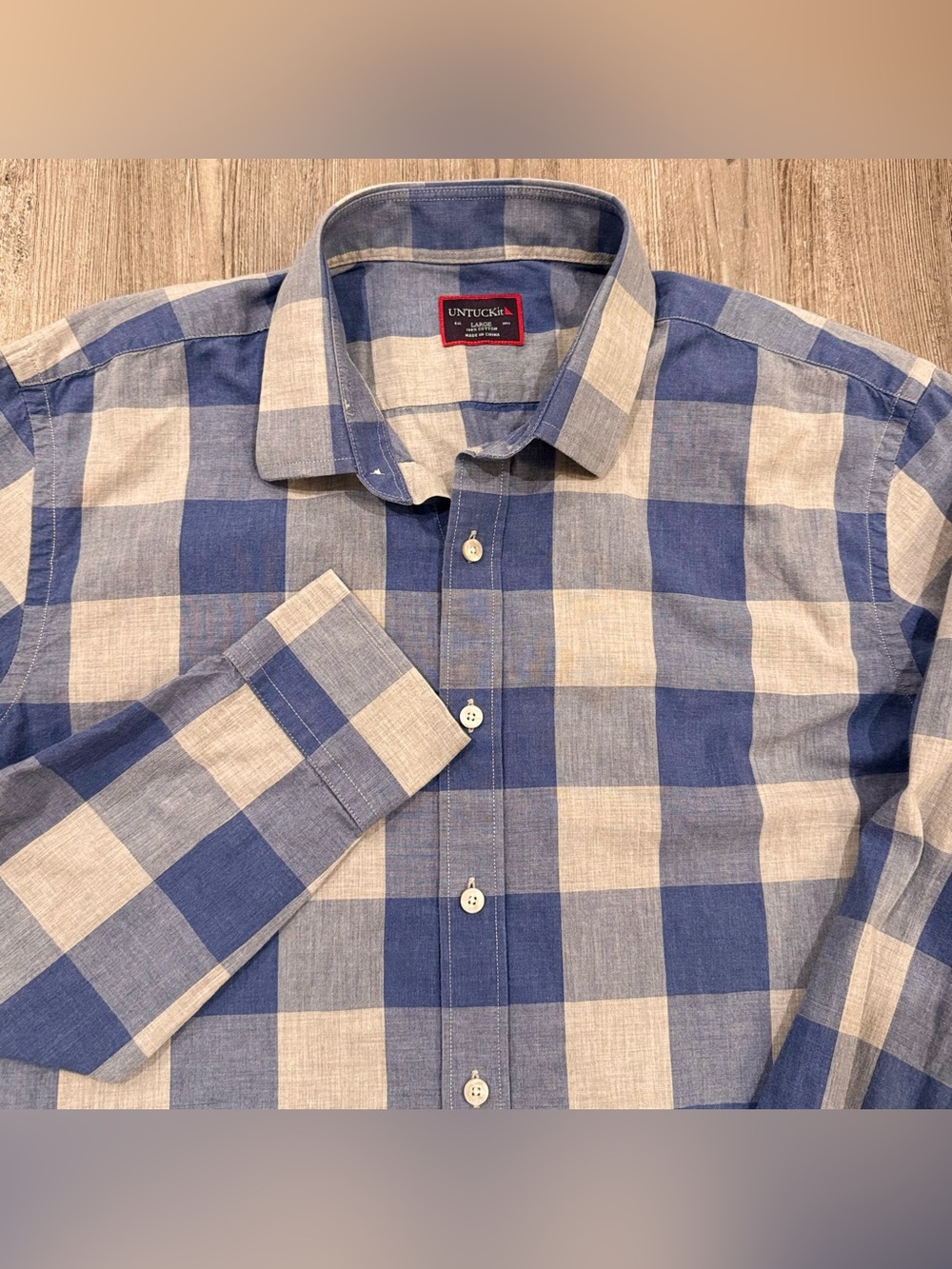 UNTUCKit Shirt Mens Large Regular Fit Blue White Check 100% Cotton Button Up